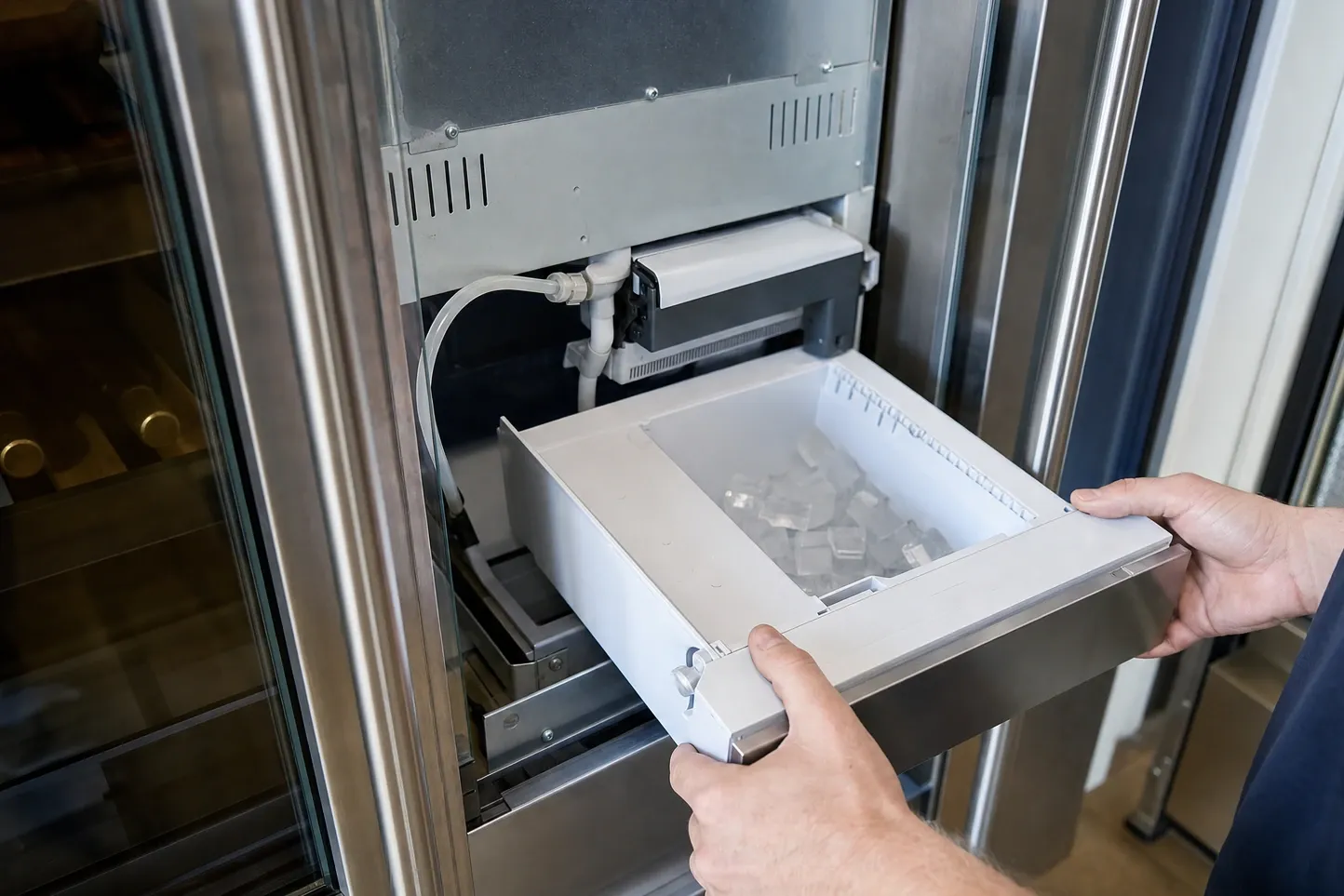 Hands sliding the ice storage bin out of the ice maker module of a stainless built-in column, cubes inside