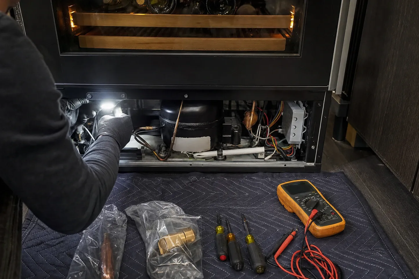 Undercounter wine cooler with its lower panel off, a gloved hand holding a light on the compressor, multimeter and parts on a blanket